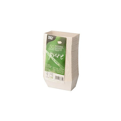 Balík s 50 bielymi PAPSTAR "pure" Saucentrays (3,5x3 cm), ideálne na občerstvenie, z ekologického kartónu, v zmršťovacej fólii od PAPSTAR GmbH - perfektné pre použitie v gastronómii.