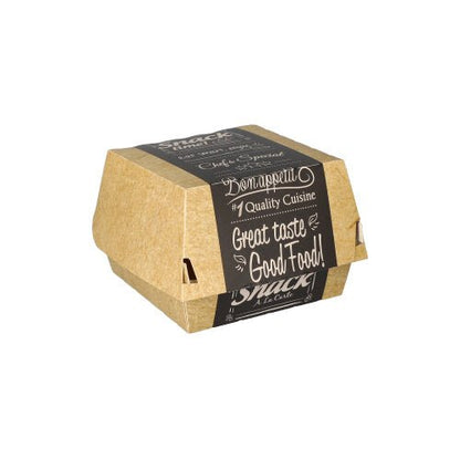 Zatvorená hnedá PAPSTAR 50 burgerových krabíc z kartónu "pure" Good Food od PAPSTAR GmbH, s čiernou etiketou s nápisom "Dobrú chuť! Kvalitná kuchyňa, dobrý vkus Good Food! Snack", stojí uprostred na bielom pozadí.
