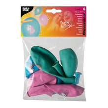 Priehľadné plastové balenie so šiestimi farebnými balónmi (Ø 29 cm) od PAPSTAR GmbH s potlačou jednorožca. Horná etiketa zobrazuje „PAPSTAR“ a obrázky balónov a usmievajúcich sa ľudí. Dostupné v modrej, zelenej a ružovej farbe.