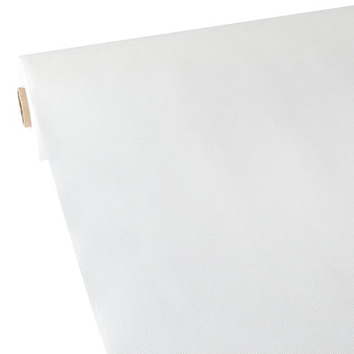 Starpak obrus, látkový rúnový materiál „soft selection“ (40 m x 1,18 m) v bielej farbe je čiastočne rozvinutý s jeho hladkou, ľahkou štruktúrou a viditeľným kartónovým jadrom.
