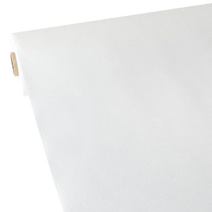 Starpak obrus, látkový rúnový materiál „soft selection“ (40 m x 1,18 m) v bielej farbe je čiastočne rozvinutý s jeho hladkou, ľahkou štruktúrou a viditeľným kartónovým jadrom.