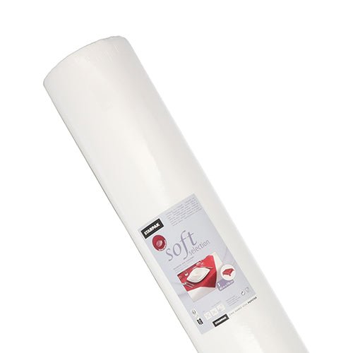 Veľký biely Starpak obrus, látkový rúnový materiál „Soft Selection“ (40 m x 1,18 m), je zobrazený vzpriamene s etiketou s jedálenskými taniermi, čo ho označuje ako ideálny pre použitie v gastronómii.