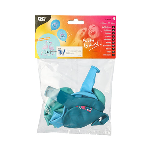 In einem transparenten Plastikbeutel der PAPSTAR GmbH befinden sich sechs farbig sortierte Luftballons (Ø 29 cm), jeweils mit Flamingo-Motiven in Blau und Grün. Die Verpackung zeigt ein PAPSTAR-Etikett, Produktinformationen und oben rechts ein Bild von zwei lächelnden Menschen.