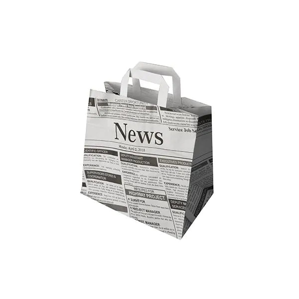 50 tašiek PAPSTAR GmbH sú ekologické papierové tašky s rúčkami, ktoré zobrazujú čierno-biely novinový motív s titulkami a článkami na bielom pozadí.