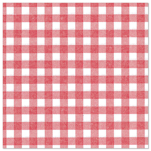 Ein quadratisches Tuch mit rot-weißem Gingham-Muster passt perfekt zu den PAPSTAR GmbH 50 Servietten "ROYAL Collection" 1/4-Falz 40 x 40 cm rot.