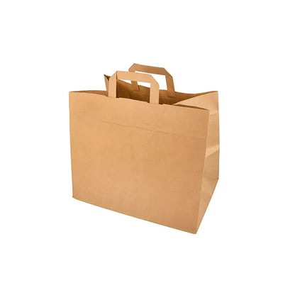 50 tašiek PAPSTAR GmbH, papier s rukoväťou, v jednoduchom hnedom s plochými rukoväťami, je zobrazená vzpriamene pred bielym pozadím, čo zdôrazňuje ekologický dizajn a priestranné prázdne strany a dná.