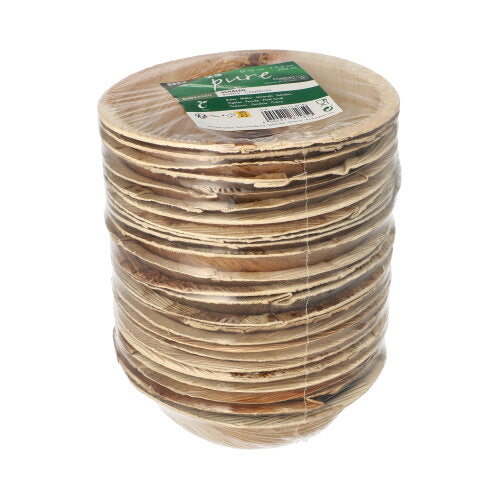 PAPSTAR 25 misiek, palmový list „pure“ okrúhle od PAPSTAR GmbH: Okrúhle, biologicky odbúrateľné misky z palmového listu, balené vo fólii s zeleno-bielou etiketou – ideálne pre udržateľné podujatia.