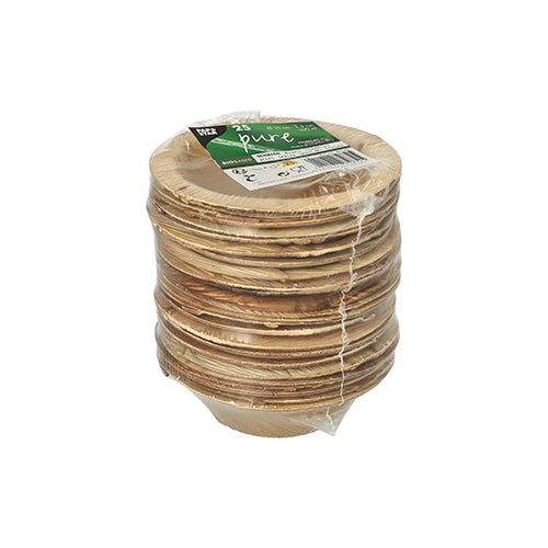 25 okrúhlych misiek z palmového listu značky PAPSTAR GmbH, séria „pure“, v ekologickom čírom balení so zeleno-bielym štítkom – perfektné pre udržateľné podujatia.