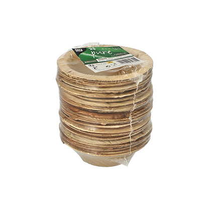 25 okrúhlych misiek z palmového listu značky PAPSTAR GmbH, séria „pure“, v ekologickom čírom balení so zeleno-bielym štítkom – perfektné pre udržateľné podujatia.