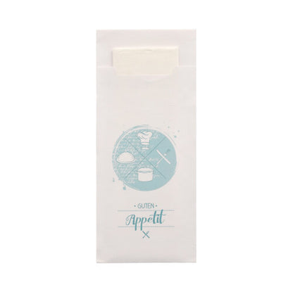 520 vreciek na príbory (20 x 8,5 cm) od PAPSTAR GmbH sa dodáva s vhodnou 2-vrstvovou servítkou (33 x 33 cm). Biela obálka je vybavená svetlomodrým kruhovým motívom s potravinami a príborom a nápisom „Dobrú chuť“, pričom servítka vo vnútri je čiastočne viditeľná.