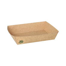 Pravouhlá hnedá PAPSTAR 80 Snacktrays, kartónová „pure“ miska od PAPSTAR GmbH s naklonenými stranami a malým zeleným logom „100% FAIR“ na ľavej vnútornej stene je zobrazená prázdna na bielom pozadí. Miska je šetrná k životnému prostrediu.