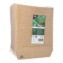 Zapečatené balenie s 80 Snacktrays „pure“ hnedé od PAPSTAR GmbH, vyrobené zo 100% Fair papiera – obdĺžnikové, ekologické, biologicky odbúrateľné taniere, úhľadne naskladané so zeleno-bielym štítkom a zabalené v priehľadnej fólii.