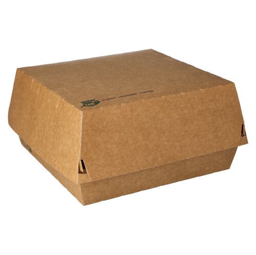Tá PAPSTAR Krabice na hamburgery z hnedej lepenky (9 × 18,5 × 18,5 cm), „100 % Fair“, 25 kusov – praktické a ekologické od PAPSTAR GmbH – s odklápacím viečkom na bielom pozadí, ideálne na jedlo so sebou.
