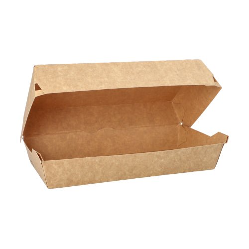 Baguetteboxy „pure“ z nebieleného kraftového papiera sú hnedé, obdĺžnikové (7,5x10,7x22 cm) a otvorene ukazujú svoj prázdny vnútorný priestor. Boxy od PAPSTAR GmbH prichádzajú v balení po 25 kusoch - 100% Fair | Fólia.