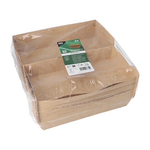 Stoh hnedých PAPSTAR baguetteboxov „pure“ (7,5 x 10,7 x 22 cm) od PAPSTAR GmbH je zabalený v čírom plaste; horný štítok pre 25 misiek zobrazuje zeleno-biele značkovanie, recyklačné symboly a ekologickú správu „100% Fair | Fólia“.