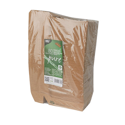 Stoh PAPSTAR 80 misiek na hranolky „pure“ (2-dielne, hnedé, 100% Fair) od PAPSTAR GmbH, balený v priehľadnej fólii s predným štítkom s informáciami o produkte a ekologickými symbolmi.