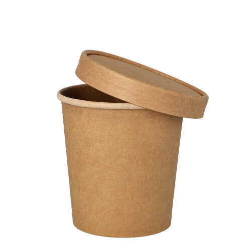 PAPSTAR pohár na polievku okrúhly, 9,8 cm v hnedej farbe s vhodným vekom od PAPSTAR GmbH leží šikmo na bielom pozadí. Ideálne na polievky a dostupné v 25-dielnej sade.