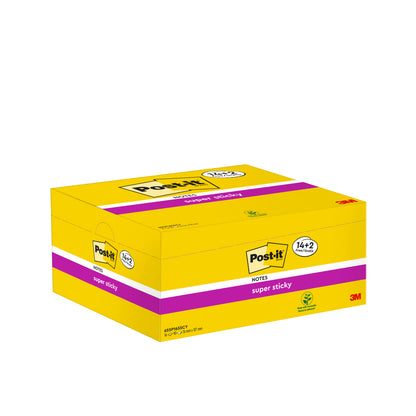 Abgebildet ist eine Packung Post-it® Super Sticky Notes, Gelb, 76x127 mm, 90 Blatt pro Block, 14 Blöcke plus 2 gratis pro Packung (100% PEFC) von 3M Deutschland GmbH auf weißem Hintergrund.