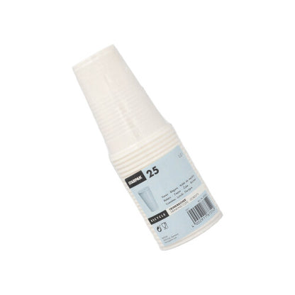 Balenie s 25 Starpak pohármi (PP, 0,2 l, Ø 7,03 cm x 9,9 cm) z priehľadného plastu s modro-bielou etiketou a čiarovým kódom, ideálne na cesty, je zobrazené na jednoduchom bielom pozadí.