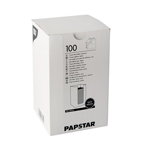 Biela krabica s nápisom „PAPSTAR 100 servítok, 2-vrstvové ‚PUNTO‘ 1/4-sklad 20 cm x 20 cm“ od PAPSTAR GmbH obsahuje tkaninové servítky s produktovými informáciami, logom dizajnu PUNTO a diagramom otvorenia vytlačeným na krabici.