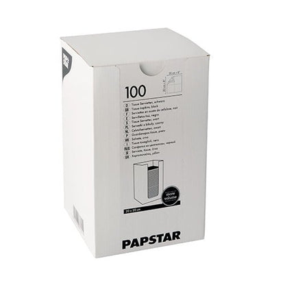 Biela krabica s nápisom „PAPSTAR 100 servítok, 2-vrstvové ‚PUNTO‘ 1/4-sklad 20 cm x 20 cm“ od PAPSTAR GmbH obsahuje tkaninové servítky s produktovými informáciami, logom dizajnu PUNTO a diagramom otvorenia vytlačeným na krabici.