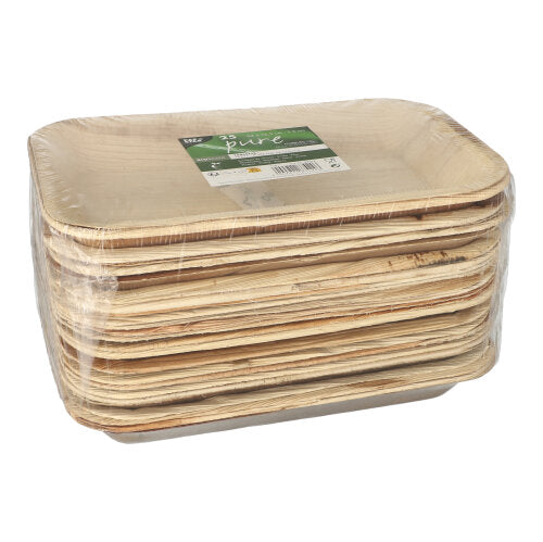 Stoh PAPSTAR 25 tabliet, palmový list „pure“ hranatý od PAPSTAR GmbH, zabalený v priehľadnej fólii so zeleno-bielou etiketou; tieto obdĺžnikové platne sú biologicky rozložiteľné.