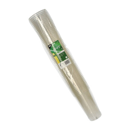 60-balenie PAPSTAR pohárov na studené nápoje PLA "pure", priehľadných (Ø 9,5 cm, 15,14 cm), od PAPSTAR GmbH, biologicky rozložiteľných, naskladaných a zabalených v priehľadnej fólii so zeleno-bielou etiketou.