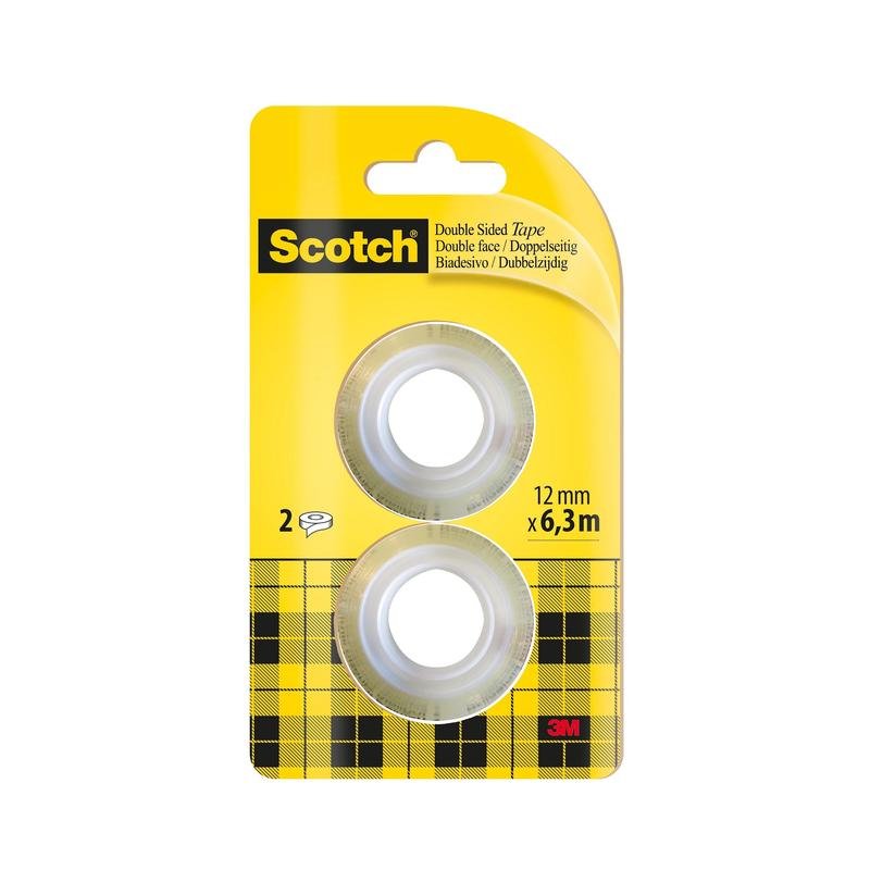 Balenie náhradných náplní obojstrannej lepiacej pásky Scotch® od 3M Deutschland GmbH obsahuje 2 role s rozmermi 12 mm x 6,3 m v žlto-kockovanom dizajne s logom Scotch - ideálne ako praktické balenie na doplnenie vašich lepiacich potrieb.