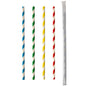Fünf PAPSTAR 100 Papier-Trinkhalme (Ø 6 mm) von PAPSTAR GmbH in diagonalen blauen, grünen, gelben und roten Streifen sowie ein einzeln verpackter Halm vor weißem Hintergrund - alle vertikal präsentiert.