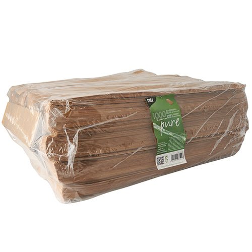 Veľká kopa PAPSTAR 1000 priehľadných prúžkových sáčkov s PLA oknom „pure“, hnedých od PAPSTAR GmbH je zabalená v priehľadnom plastovom obale a umiestnená s zelenou „1000 pure“ etiketou na jednoduchom bielom pozadí. Balenie je biologicky odbúrateľné.