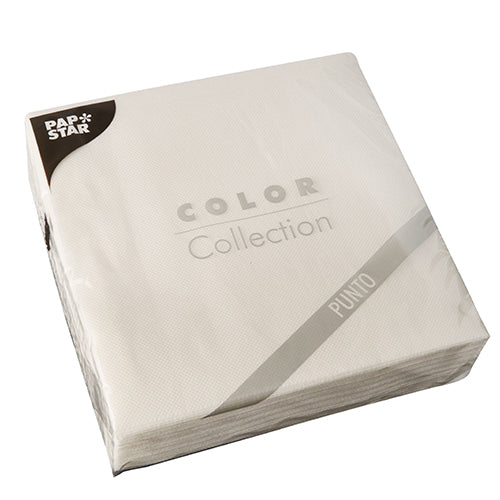 Zapečatené balenie s 30 bielymi 2-vrstvovými servítkami „PUNTO“ (38x38 cm, 1/4 sklad) od PAPSTAR GmbH s decentným bodkovým vzorom – ideálne pre elegantnú stolovú dekoráciu.