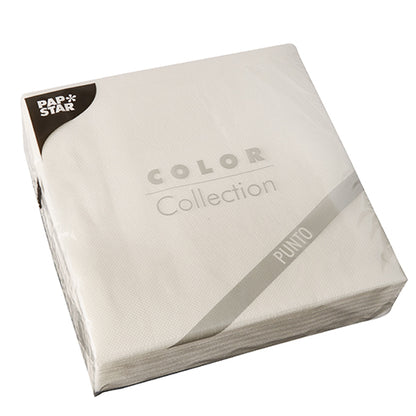 Zapečatené balenie s 30 bielymi 2-vrstvovými servítkami „PUNTO“ (38x38 cm, 1/4 sklad) od PAPSTAR GmbH s decentným bodkovým vzorom – ideálne pre elegantnú stolovú dekoráciu.