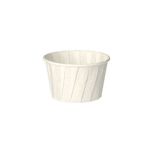 Okrúhly pohár na dresing PAPSTAR, 6,6 cm, biely, papier "pure" (100 kusov) od PAPSTAR GmbH je ekologický, skladaný papierový pohár na koreniny alebo omáčky, ktorý je zobrazený prázdny na jednoduchom bielom pozadí.