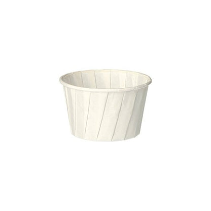 Okrúhly pohár na dresing PAPSTAR, 6,6 cm, biely, papier "pure" (100 kusov) od PAPSTAR GmbH je ekologický, skladaný papierový pohár na koreniny alebo omáčky, ktorý je zobrazený prázdny na jednoduchom bielom pozadí.
