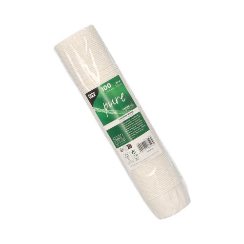 Zapečatené balenie so 100 PAPSTAR okrúhlymi pohármi na dresing, 6,6 cm, biely, papier "pure" poháre od PAPSTAR GmbH - ideálne na ekologické servírovanie; každý pohár pojme 90 ml a zeleno-biela etiketa zobrazuje informácie o produkte.