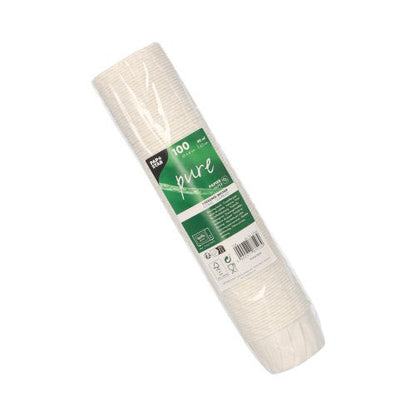 Zapečatené balenie so 100 PAPSTAR okrúhlymi pohármi na dresing, 6,6 cm, biely, papier "pure" poháre od PAPSTAR GmbH - ideálne na ekologické servírovanie; každý pohár pojme 90 ml a zeleno-biela etiketa zobrazuje informácie o produkte.