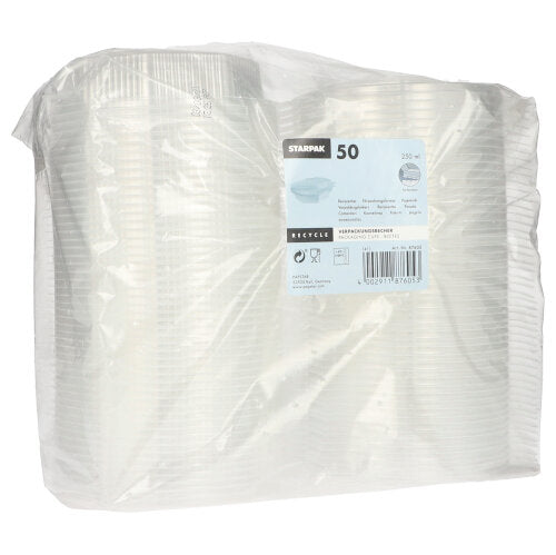 Priehľadný plastový obal obsahuje 50 Starpak osemuholníkových priehľadných PP jednorazových pohárov s klapkovým vekom. Etiketa obsahuje značku Starpak, podrobnosti o produkte a informácie o recyklácii v niekoľkých jazykoch.