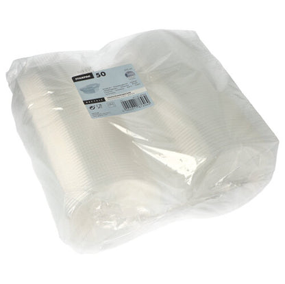 Zapečatený plastový obal s 50 obalovými pohármi Starpak s klapkovými vekami, PP, priehľadné, osemuholníkové, každý pohár označený množstvom a informáciami o produkte.