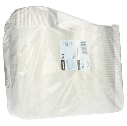 Priehľadný plastový obal s 50 obalovými pohármi Starpak s klapkovými vekami, 8-strannými priehľadnými PP pohármi, má obdĺžnikovú bielu etiketu s informáciami o produkte a čiarovým kódom.