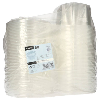 Starpak 50 obalové poháre s klapkovými vekami sú priehľadné, osemuholníkové jednorazové poháre z PP, zabalené v priehľadnom plastovom obale s etiketou s podrobnými informáciami o produkte, množstvami a informáciami o recyklácii.