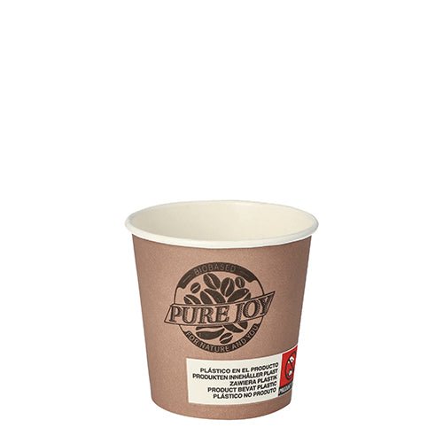 Fialový papierový pohár na pitie PAPSTAR s logom "Pure Joy" a zmršťovacou fóliou, priemer 6 cm (balenie 20 kusov), spoločnosti PAPSTAR GmbH, zobrazený na jednoduchom bielom pozadí.