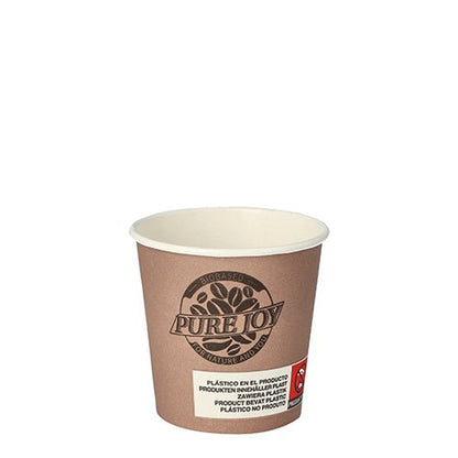 Fialový papierový pohár na pitie PAPSTAR s logom "Pure Joy" a zmršťovacou fóliou, priemer 6 cm (balenie 20 kusov), spoločnosti PAPSTAR GmbH, zobrazený na jednoduchom bielom pozadí.