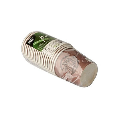 Stoh fialových papierových pohárov PAPSTAR "Pure Joy" (20 kusov, Ø 6 cm) spoločnosti PAPSTAR GmbH, zabalený v zmršťovacej fólii so zeleno-bielou etiketou. Fialové papierové poháre sú úhľadne zasunuté do seba.