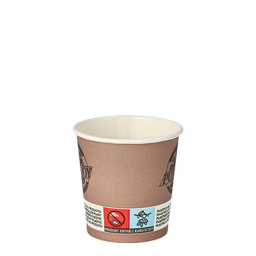 Jeden fialový papierový pohár PAPSTAR "Pure Joy" (Ø 6 cm, 20 kusov) spoločnosti PAPSTAR GmbH stojí vzpriamene na bielom pozadí a ukazuje svoj fialový vonkajšok, biely vnútro a značku na spodku.