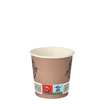 Jeden fialový papierový pohár PAPSTAR "Pure Joy" (Ø 6 cm, 20 kusov) spoločnosti PAPSTAR GmbH stojí vzpriamene na bielom pozadí a ukazuje svoj fialový vonkajšok, biely vnútro a značku na spodku.