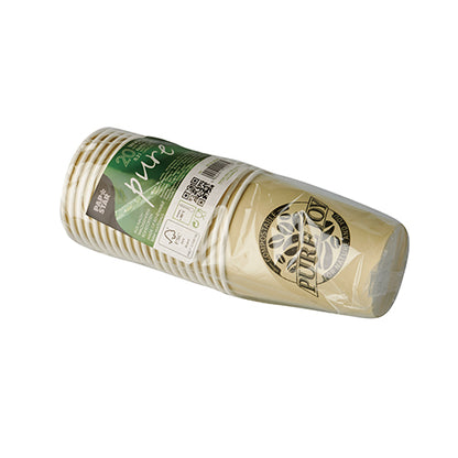 Zapečatený stoh PAPSTAR 20 pohárov na pitie, papier 0,2 l Ø 8 cm od PAPSTAR GmbH s zeleno-bielou etiketou s informáciami o produkte a QR kódmi na bielom pozadí.