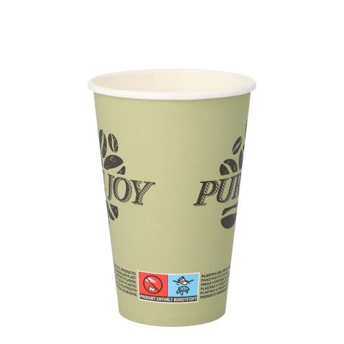 Svetlozelený PAPSTAR GmbH papierový pohár "Pure Joy" (Ø 8 cm, 11,7 cm vysoký, 20 kusov) s čiernym nápisom "ENJOY", motívom kávových zŕn a červeno-modrou výstražnou etiketou v dolnej časti s informáciami o obsahu plastu.