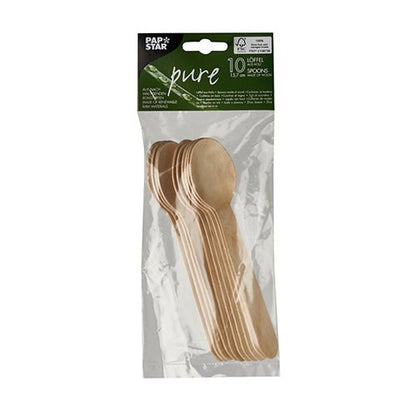 V priehľadnom obale sa nachádza 10 kávových lyžíc z dreva „pure“ od PAPSTAR GmbH so zeleno-bielym štítkom s nápisom „Pure“ a „10 lyžíc, drevo“ a s údajmi o značke.