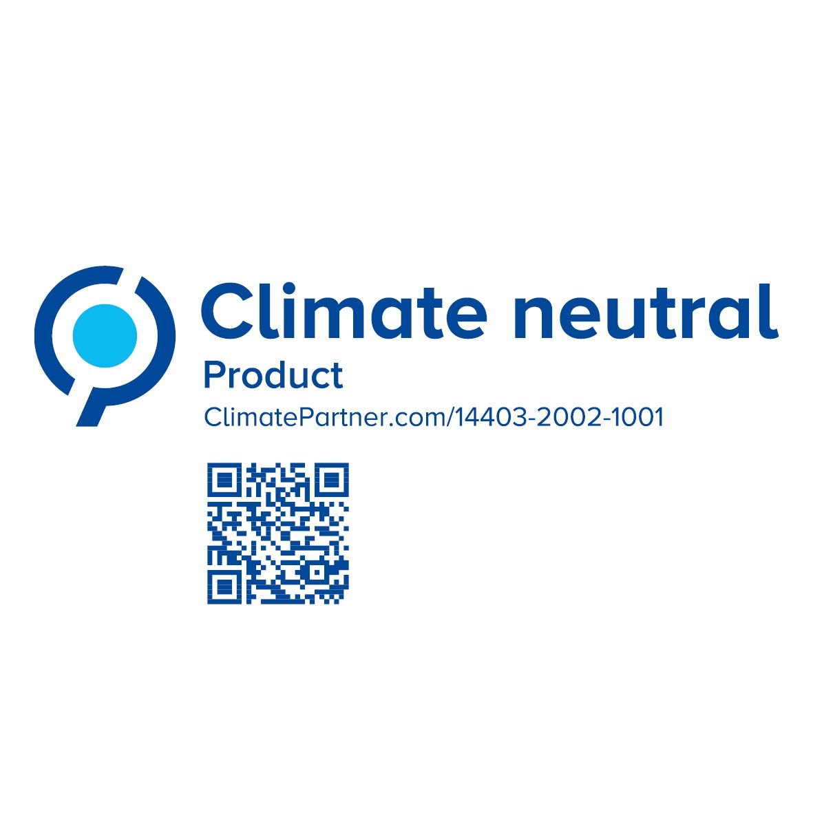 Modré, okrúhle logo „Klimaneutrálny produkt“ s URL adresou a QR kódom – ideálne pre PAPSTAR GmbH 20 servítok, 33 cm x 33 cm, 3-vrstvové, 1/4-preložené, prírodná farba.