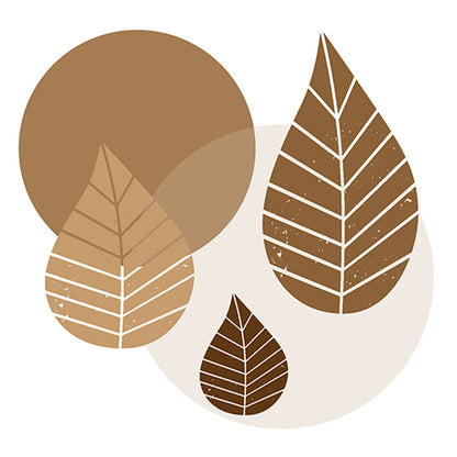 20 servítok (40 x 40 cm, 3-vrstvové, 1/4-sklad) od PAPSTAR GmbH ukazujú tri hnedé listy s bielymi žilkami nad béžovými a hnedými kruhmi na bielom pozadí v jednoduchom geometrickom dizajne.